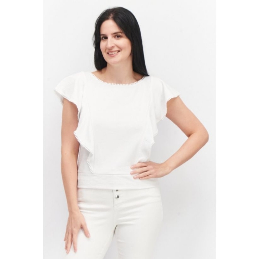 Suzy Shier White Ruffle Short Sleeve Sweater Top